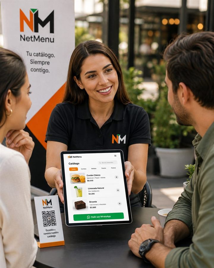 Mesera mostrando el catálogo NetMenu en tablet a clientes