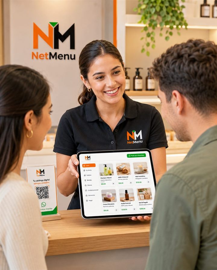 Personal de tienda mostrando el catálogo NetMenu en tablet