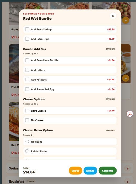 Diálogo de personalización de un pedido en NetMenu