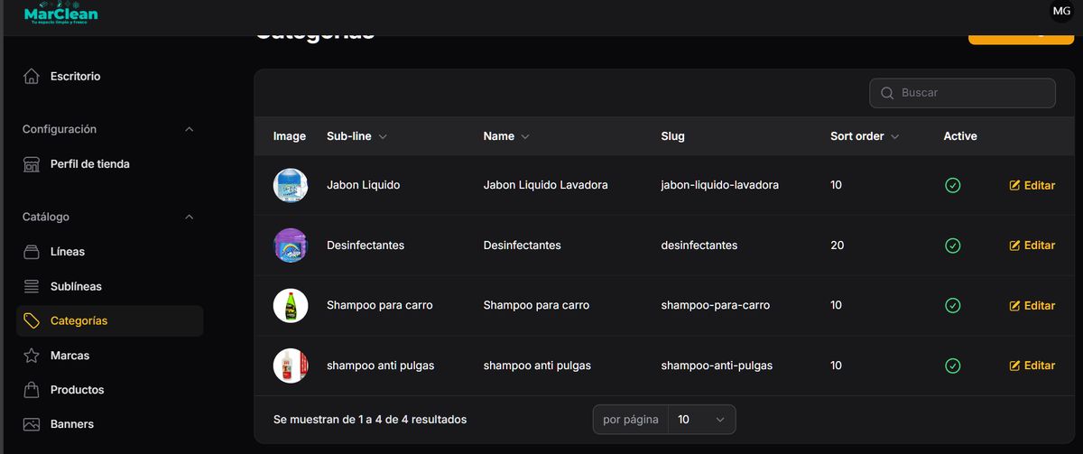Gestión de categorías del catálogo MarClean